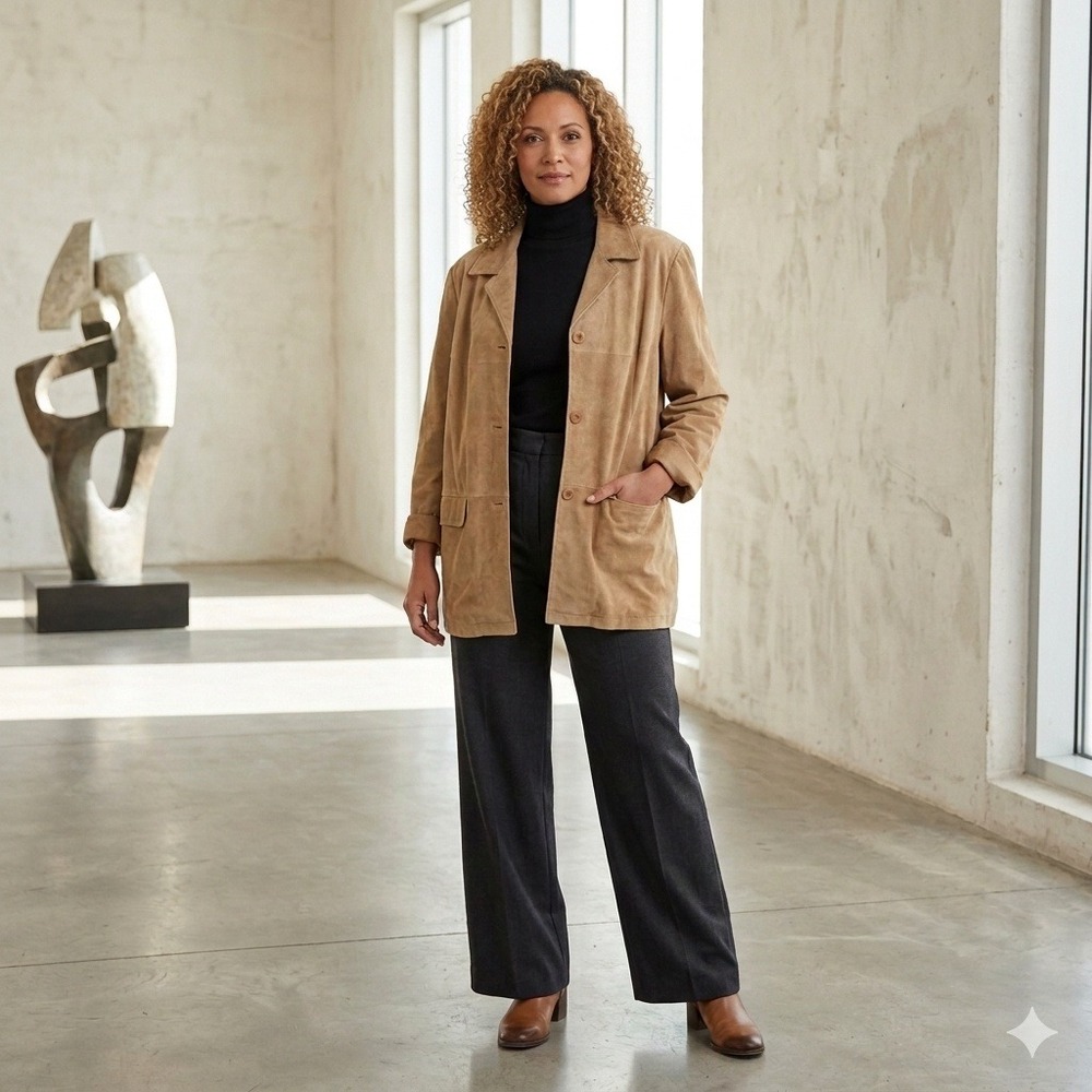 NWT VTG Two Twenty Blair Womens Leather Jacket XL‎ Tan Suede Button Front Blazer